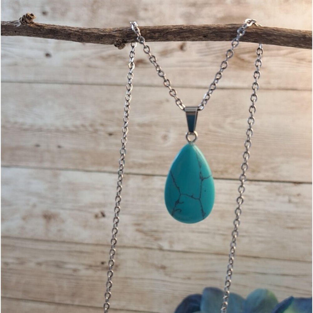 New Handmade 925 Sterling Silver Natural Turquoise Water Drop Necklace - Picture 13 of 15